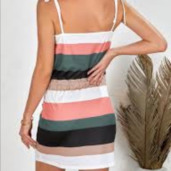 Striped Print Colorblock Drawstring Casual Dress - size Large - Picture 2 of 3